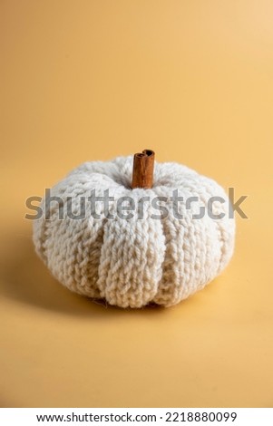 Knitted pumpkins on an colorful background, autumn composition.