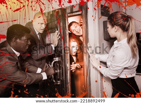 Group of adult men and women trying to get out of escape room stylized like thriller