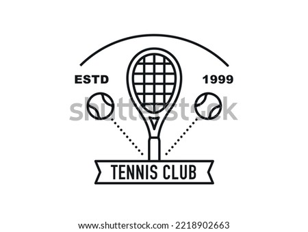 Tennis club logo. There is a tennis racket in the center and the ball is bouncing around it. Black and white simple line illustration.