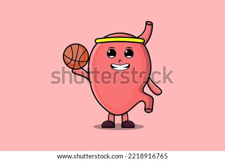 Cute cartoon Stomach character playing basketball in flat modern style design illustration