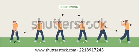 Golf swing pose steps. A golf player is showing his golf swing. flat vector illustration.