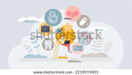 Employee benefits as work bonuses for workforce loyalty tiny person concept. Company staff satisfaction boost and perks package with financial motivation, vacations and insurance vector illustration. Royalty-Free Stock Photo #2218919001