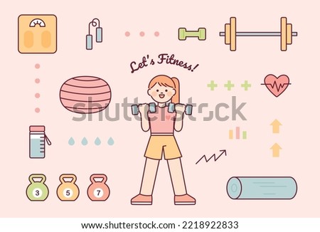 Cute female character holding dumbbells and exercise equipment set. flat vector illustration.