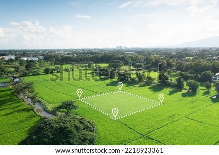 Land plot in aerial view. Gps registration survey of property, real estate for map with location, area. Concept for residential construction and development. Also home, house for sale, buy, purchase,  Royalty-Free Stock Photo #2218923361