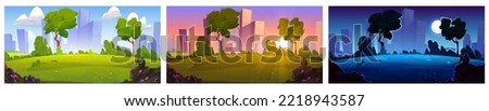 Set of morning, day and night city cartoon illustration. Vector design of sunrise, afternoon and moonlit evening sky over megalopolis and glade in green public park. Dusk and dawn cityscape collection Royalty-Free Stock Photo #2218943587