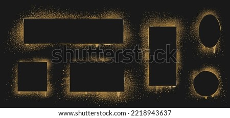 Gold spray paint frames, graffiti stencil banners. Rectangular, oval and square borders isolated on black background. Airbrushing stenciling backdrop texture with brush splashes and drips, Vector set