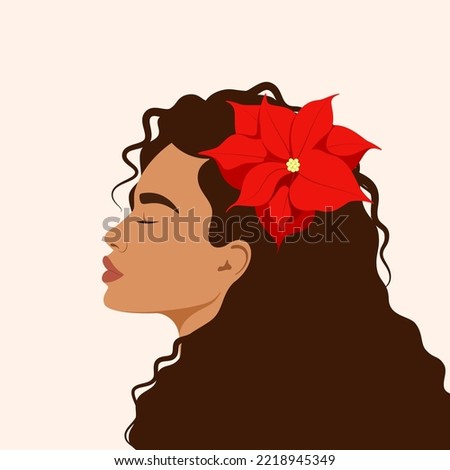 Portrait of a Latin American woman with a red flower in her hair. Profile. Vector illustration.
