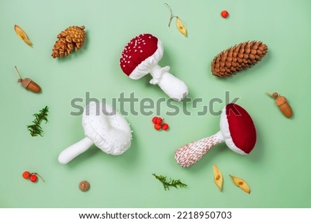 mushrooms sewn from cotton fabric. stuffed toys in the shape of a mushroom Royalty-Free Stock Photo #2218950703