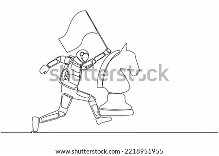 Continuous one line drawing astronaut running and holding flag beside horse chess piece. Celebrating triumph of intergalactic expedition. Cosmonaut outer space. Single line design vector illustration