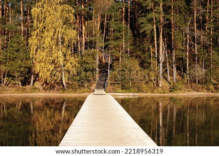Wide viewing angle from Baltieji Lakajai Pier in Labanoras Regional Park, leading to a wooden staircase among the autumn forest. Royalty-Free Stock Photo #2218956319