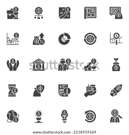 Financial investment vector icons set, modern solid symbol collection, filled style pictogram pack. Signs, logo illustration. Set includes icons as interest rate, banking, business investor, service