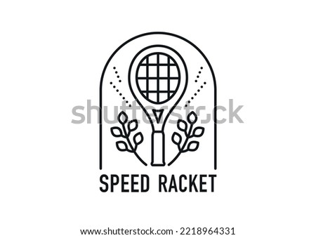 Tennis club logo. There is a tennis racquet in the center and the branches are decorated. Black and white simple line illustration.