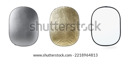 Set with different reflectors on white background, banner design. Professional photographer's equipment