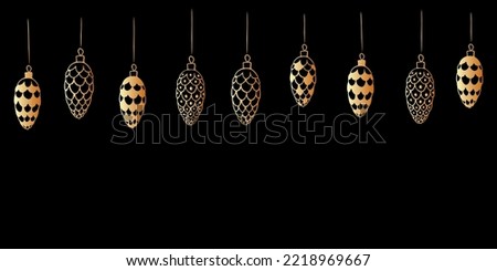 Vector Christmas and New Year background with top hanging gold toys, decorations in form of spruce cones for xmas tree on black background. Holiday banner