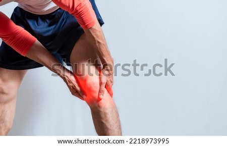 Person with leg muscle pain isolated. Sore man with leg muscle pain. People with leg muscle inflammation isolated. Muscle tear concept, Medical problem of man with leg pain Royalty-Free Stock Photo #2218973995