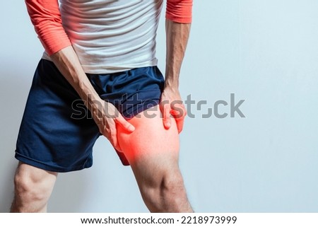 Medical problem of man with leg muscle pain. Person with leg muscle pain isolated. Sore man with leg muscle pain. People with leg muscle inflammation isolated. feet tear concept Royalty-Free Stock Photo #2218973999
