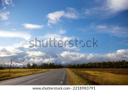 View on the road and agricultural field and beautiful sky covered with white clouds. High quality photo