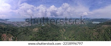 Panorama landscape Patong city and kathu district Phuket Thailand from Drone camera High angle view,Panoramic landscape nature view from Drone shot