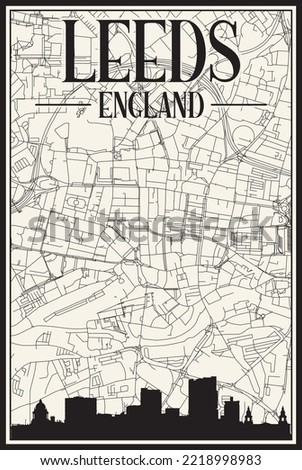 White vintage hand-drawn printout streets network map of the downtown LEEDS, ENGLAND with brown 3D city skyline and lettering