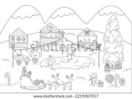Coloring page Christmas market with cute animals.Christmas and New Year concept coloring book for adults and children