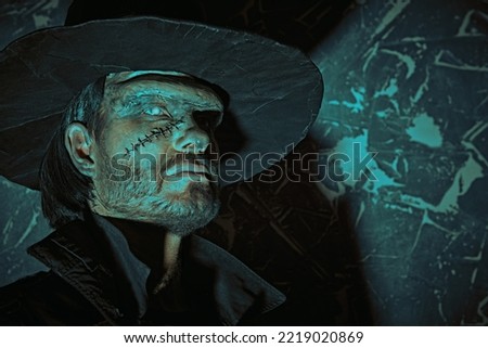 The ghost of an old, cursed cowboy from the Wild West with scars on his face, wearing a black leather hat and black coat. The hero of an adventure novel, horror. Vintage style. Fantasy. Halloween. 