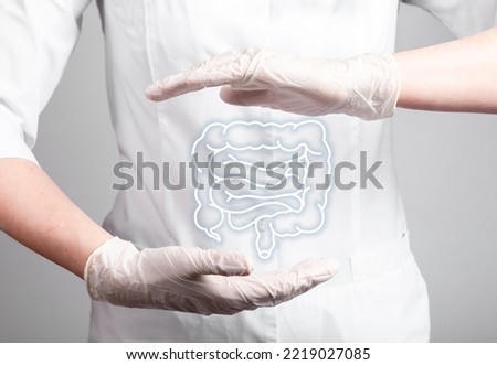 Intestine, colon, bowel in doctor hands. Digestive and gastrointestinal diseases concept. Gastroenterology and healthy microbiota. Guts, constipation microflora care. High quality photo Royalty-Free Stock Photo #2219027085