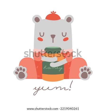 Kawaii little bear with jar of honey in paws. Cartoon' cute baby animal for baby card and invitation on baby shower, birthday party. Creative kid's isolated vector clip art.