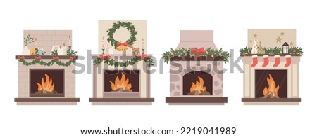 Set of Christmas fireplace with decoration, garland, wreath, candles. Home winter holiday decor. Happy New year. Flat vector illustrations Royalty-Free Stock Photo #2219041989