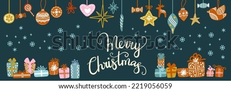 Horisontal greeting card with snowflakes, gifts and Christmas decorations vector illustration on dark blue background. Merry Christmas lettering. For print, design, fabric, porcelain, bed linen, decor