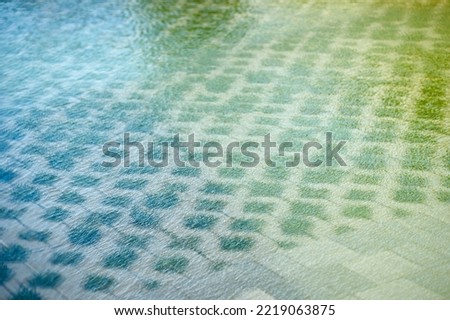 Rhythmic tile and grass between it, which is under water and reflects from the sun