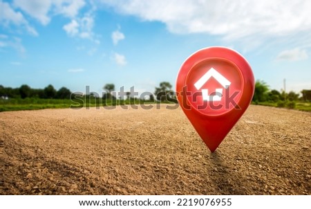 House symbol with location pin icon on empty dry cracked swamp reclamation soil in real estate sale or property investment concept, Buying new home for family - 3d illustration of big advertising sign