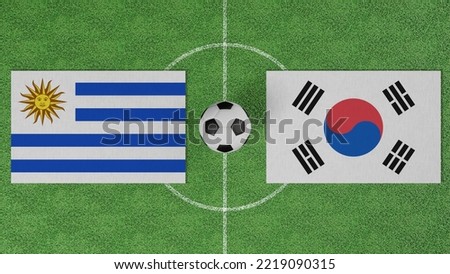 Football Match, Uruguay vs Republic of Korea, Flags of countries with a soccer ball on the football field Royalty-Free Stock Photo #2219090315