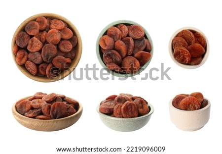 Set with tasty dried apricots on white background. Banner design Royalty-Free Stock Photo #2219096009