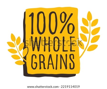 100 percent Whole Grains - grungy badge for cereals, healthy and dietary food labeling. Thin line square with vector spikes Royalty-Free Stock Photo #2219114019