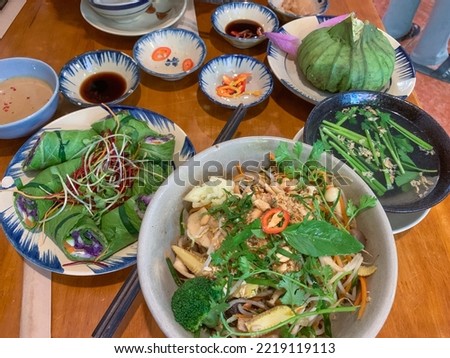 Vegetarian food at a traditional restaurant in Vietnamese.