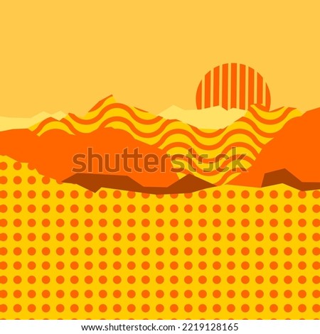 Surreal desert landscape, mountains and sun in bold yellow orange colors, pop comic style vector illustration