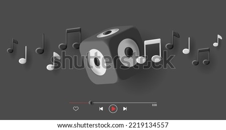 3d music cover and digital player interface with columns music box and notes, black and white