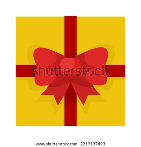 A yellow gift box tied with a big red bow.