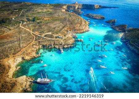 Landscape with Blue lagoon at Comino island, Malta Royalty-Free Stock Photo #2219146319