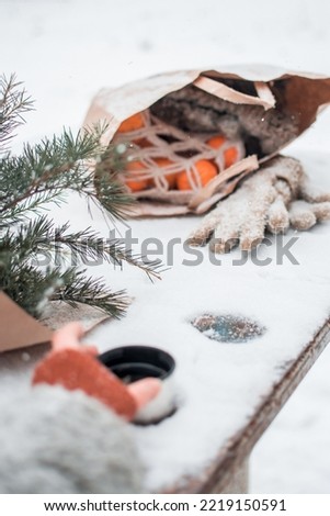 Girl's hand holding a thermos cup with hot tea against the winter snowy background. Drinking hot tea in a snowy winter forest. Atmospheric winter photo.