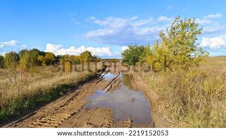 In the fall, after the rain, a puddle formed on a country road, in which the blue sky with clouds was reflected. Car tire tracks were imprinted on the wet ground. All around are tall grass and trees Royalty-Free Stock Photo #2219152053