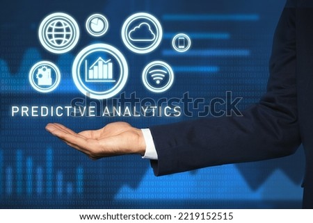 Concept of predictive analytics. Businessman and different virtual icons on color background, closeup
