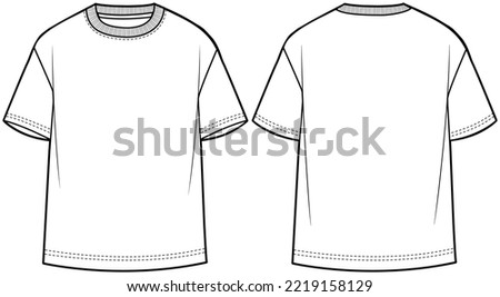 boys t shirt short sleeve drop shoulder crew neck plain white t shirt front and back view flat sketch vector illustration template. cad mockup.