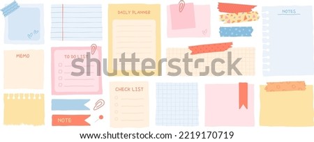 Cute paper notes for daily planner, hand drawn notebook sheets doodles. Washi tape with cute patterns, to do list, memo sheet stickers, blank diary decor elements vector set Royalty-Free Stock Photo #2219170719
