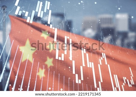 Double exposure of virtual creative financial diagram on Chinese flag and city background, banking and accounting concept