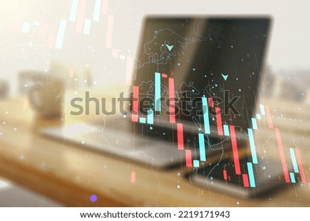 Creative abstract economic crisis chart with world map hologram and modern desktop with pc on background, bankruptcy and recession concept. Multiexposure
