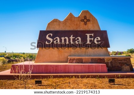 Santa Fe Sign on the Capital City's entrance road On Route 84 to St Francis Drive, New Mexico, USA