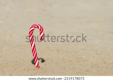 Christmas background with candy cane on a sandy beach on a sunny warm day. Season holiday concept.