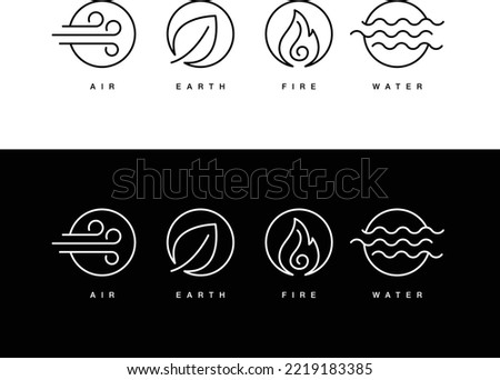 Air, Earth, Fire, Water elements. Infographic elements on black and white background.