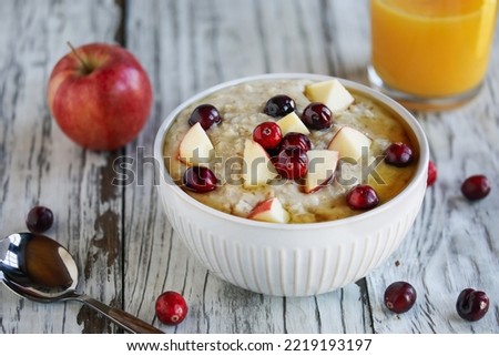 Homemade hot bowl of creamy whole grain oatmeal with fresh apples and whole cranberries. Selective focus with blurred foreground and background.